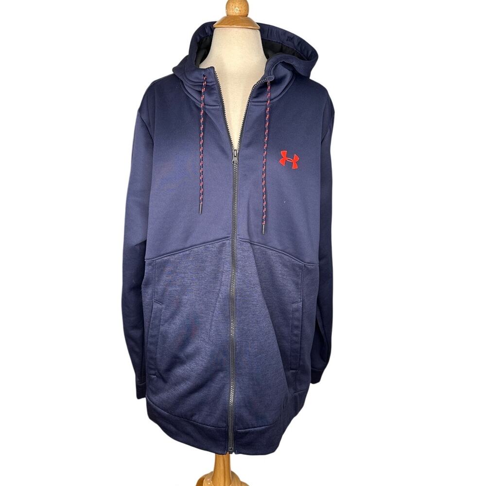 Under Armour Mens 2XL Navy Orange Zip Up Hoodie Loose Fit Soft Warm Casual